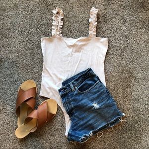 Ribbed ruffle strap bodysuit